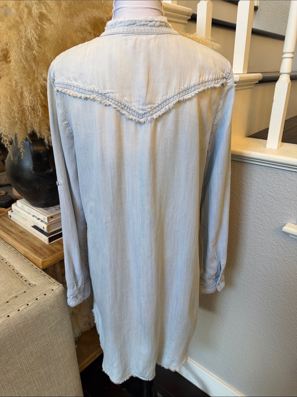Anthropologie Cloth & Stone Denim Shirt Dress Frayed Hem Long Sleeve Size M - Picture 6 of 8